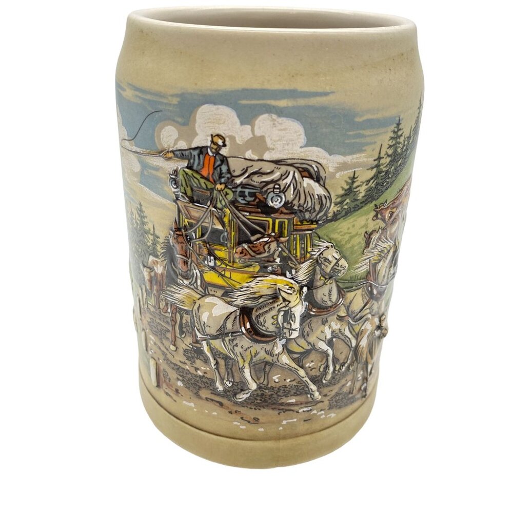 VTG German Beer stein‎ mug tankard 3D image Stage coach horses western theme